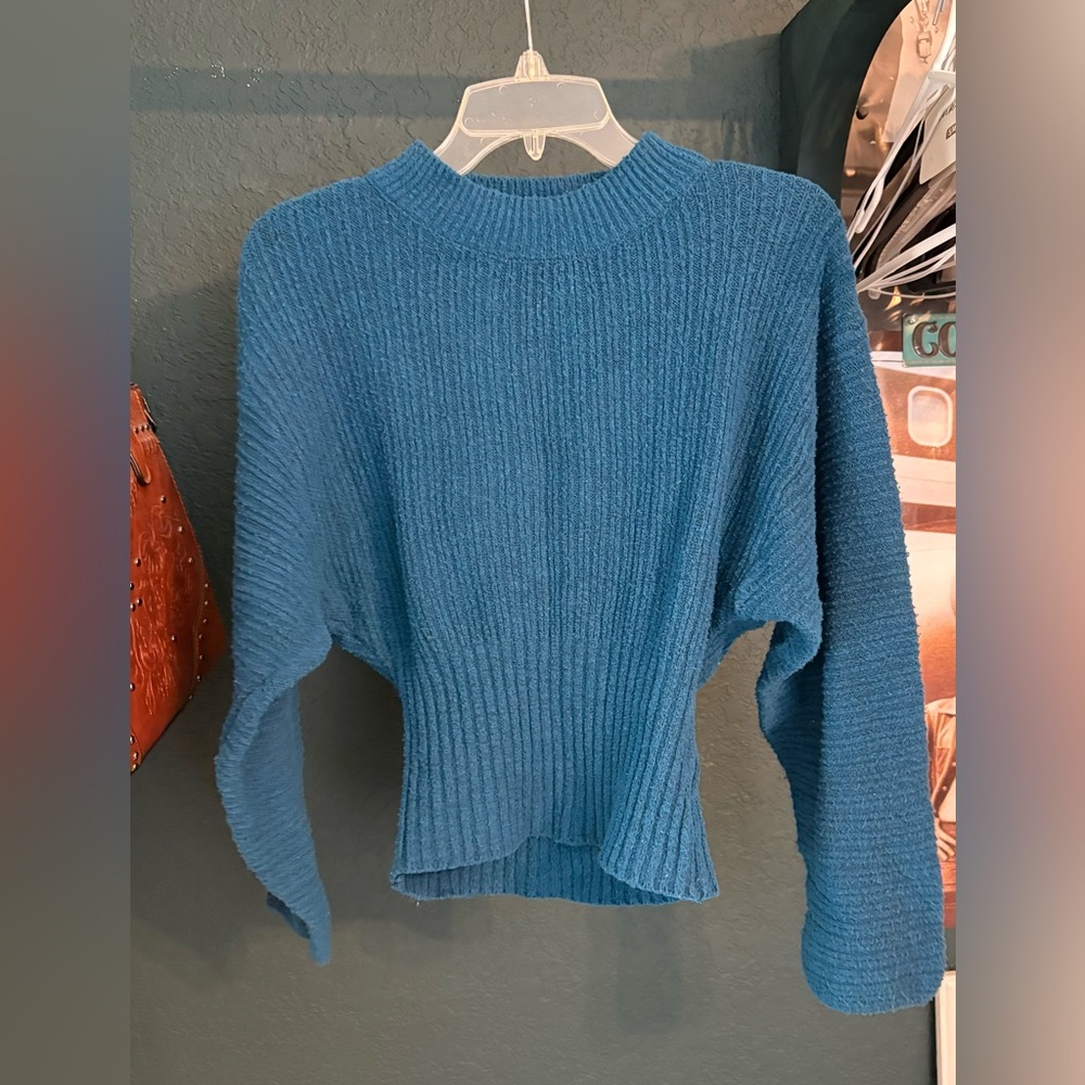 Pink Rose Ribbed Crewneck Sweater in Teal Blue